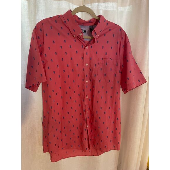 Izod Men's XL Short Sleeve‎ Button Down Shirt Pineapple Print Pink and Blue EUC - Picture 1 of 6